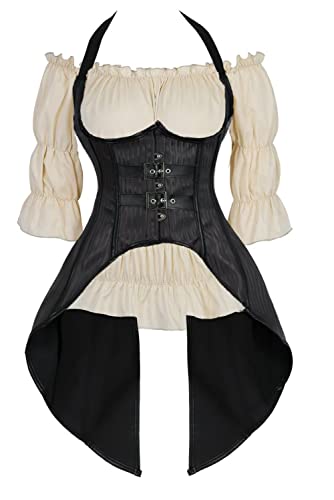 Jutrisujo Piraten Korsett Underbust Neckholder Bluse Top Set Damen Corset Steampunk Corsage Mit Träger Lang Kostüm 4XL von Jutrisujo