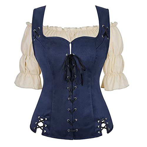 Jutrisujo Piraten Renaissance Kostüme für Damen Steampunk Piraten Weste Wikinger Kostüm Mieder Schnürweste Cosplay, Dunkelblau, 6505 Khaki, 50 von Jutrisujo