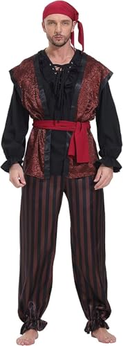 Jutrisujo Piraten kostüm Herren piratenkostüm Kopftuch Oberteil Hose gürtel Weste Wikinger Karneval Halloween Cosplay braun L von Jutrisujo