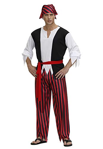 Jutrisujo Piraten kostüm Herren piratenkostüm Kopftuch Oberteil Hose gürtel Weste Wikinger Karneval Halloween Cosplay rot M von Jutrisujo