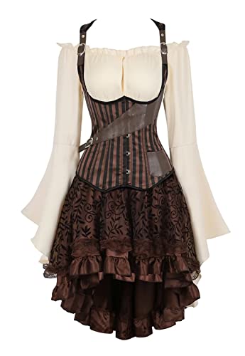 Jutrisujo Piratenkleid Set Unterbrust Korsett Kleid Damen Steampunk Rock Top Kostüm Corset Dress Schnüren Große Größen Halloween Braun L von Jutrisujo