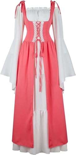 Jutrisujo Renaissance Mittelalter Kleid Sommerkleid Kurzarm Damen mit Trompetenärmel Party Kostüm bodenlang Vintage Retro Costume Cosplay Rosa M von Jutrisujo