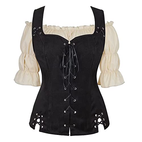 Jutrisujo Renaissance Weste mit Bluse Set Damen Pirat Mittelalter Kleidung Kostüm Gothic Mantel Steampunk Cosplay Top Halloween Schwarz S von Jutrisujo