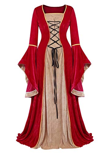 Jutrisujo Rot Mittelalter Kleidung Damen samtkleid lang samt Kleid Renaissance viktorianischen kostüm maxikleid Vintage Retro trompetenärmel XS von Jutrisujo