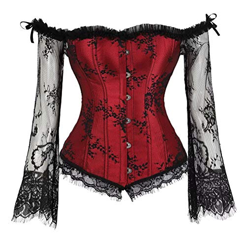 Jutrisujo Rotes Korsett Korsage Damen Corsage Red Corset Vollbrust Top Spitze Lange Ärmel weg Von Der Schulter Vintage Burlesque XS von Jutrisujo