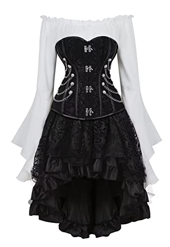 Jutrisujo Schwarz Korsett Kleid 3 Set Steampunk Corsage Corsagenkleid Bustier Piraten Kostüm Spitzenrock und Bluse für Karneval Halloween Schwarz 2XL von Jutrisujo