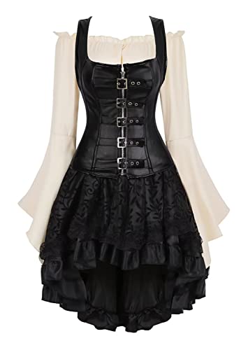 Jutrisujo Schwarz Korsett Kleid Leder Corsage Kostüm Steampunk Corsagenkleid 3-teilig Spitzenrock und Bluse für Halloween Damen 2XL von Jutrisujo