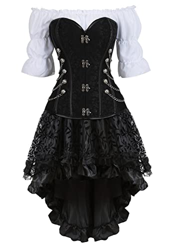 Jutrisujo Steampunk Corsage Corsagenkleid Korsett Bustier Piraten Kostüm mit Corset Dress Spitzenrock und Bluse für Karneval Halloween Schwarz 2XL von Jutrisujo