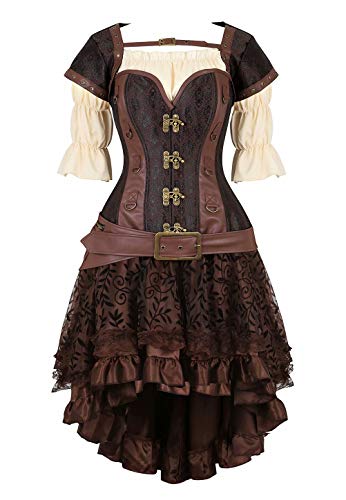 Jutrisujo Steampunk Korsett Kleid Top 3 Set Corsage Corset Dress Korsettkleid Damen Korsage Gothic Piraten Frauen Braun 6XL von Jutrisujo