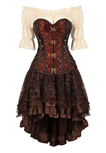 Jutrisujo Steampunk Korsett Kleid Top 3 Set Corsage Corset Dress Korsettkleid Damen Korsage Gothic Piraten Frauen Braun S von Jutrisujo