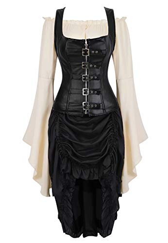 Jutrisujo Steampunk Korsett Leder Corsage Kostüm Corsagenkleid 3-teilig Spitzenrock und Bluse für Halloween Schwarz 2XL von Jutrisujo