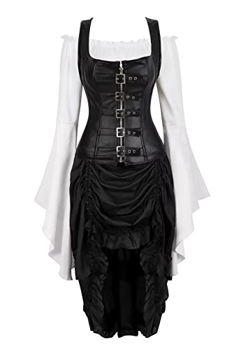 Jutrisujo Steampunk korsett kleider Leder Corsage Kostüm Corsagenkleid 3 Pcs Spitzenrock und Bluse für Halloween Piraten Schwarz 2XL von Jutrisujo