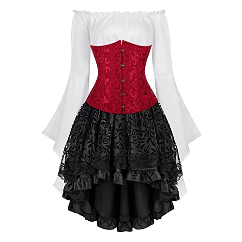 Jutrisujo Underbust Korsett Kleid Set Corset Dress Damen Corsagenkleid Corsage Kostüm mit Spitzenrock und Bluse für Karneval Fasching Claret 4XL von Jutrisujo