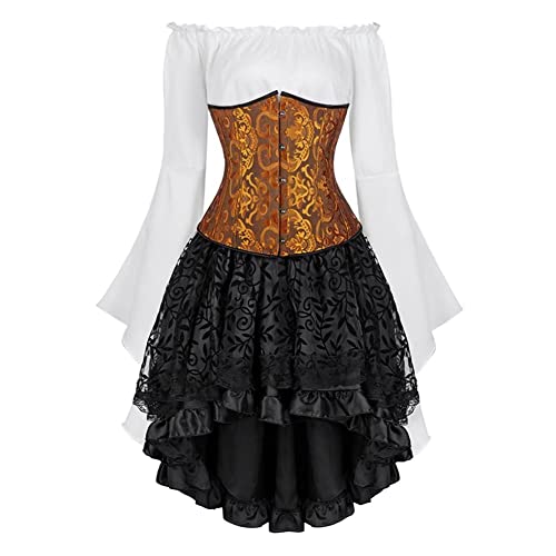 Jutrisujo Underbust Korsett Kleid Set Corset Dress Damen Corsagenkleid Corsage Kostüm mit Spitzenrock und Bluse für Karneval Fasching Gelb S von Jutrisujo