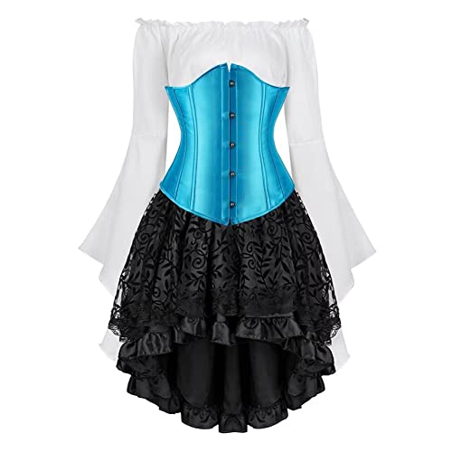 Jutrisujo Underbust Korsett Kleid Set Corset Dress Damen Corsagenkleid Corsage Spitzenrock und Bluse für Karneval Fasching Halloween Blau M von Jutrisujo