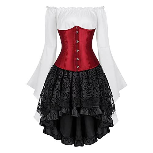 Jutrisujo Underbust Korsett Kleid Set Corset Dress Damen Corsagenkleid Corsage Spitzenrock und Bluse für Karneval Fasching Halloween Claret L von Jutrisujo