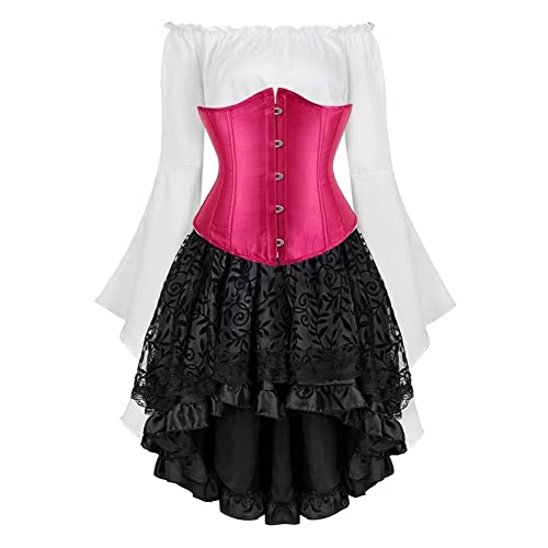 Jutrisujo Underbust Korsett Kleid Set Corset Dress Damen Corsagenkleid Corsage Spitzenrock und Bluse für Karneval Fasching Halloween Rosa S von Jutrisujo