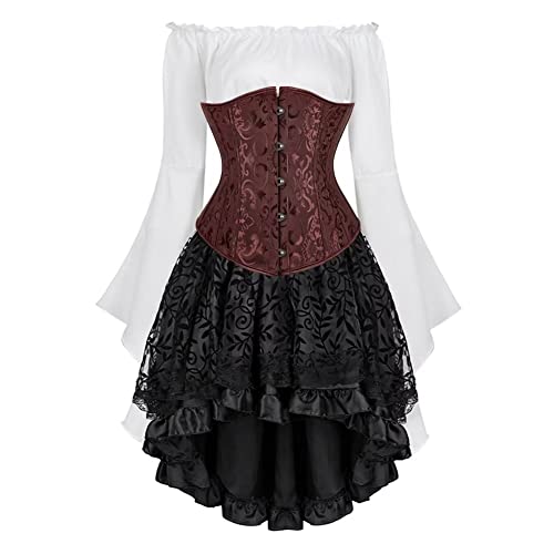 Jutrisujo Underbust Korsett Kleid Set Corset Dress Damen Korsettkleid Corsage Kostüm mit Spitzenrock und Bluse für Karneval Fasching Braun XL von Jutrisujo