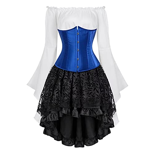 Jutrisujo Underbust Korsett Kleid Set Corset Dress Damen Korsettkleid Corsage Spitzenrock und Bluse für Karneval Fasching Pirate Blau M von Jutrisujo