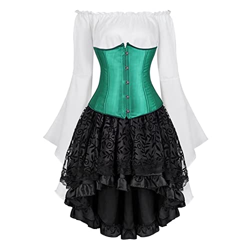 Jutrisujo Underbust Korsett Kleid Set Corset Dress Damen Korsettkleid Corsage Spitzenrock und Bluse für Karneval Fasching Pirate Grün 5XL von Jutrisujo