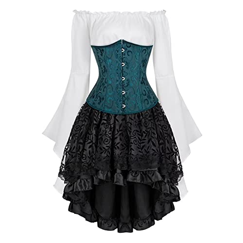 Jutrisujo Underbust Korsett Set Damen Kleid 3 Pcs Corset Dress Corsagenkleid Corsage Kostüm mit Spitzenrock und Bluse für Karneval Fasching Grün S von Jutrisujo