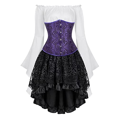 Jutrisujo Underbust Korsett Set Damen Kleid 3 Pcs Corset Dress Corsagenkleid Corsage Kostüm mit Spitzenrock und Bluse für Karneval Fasching Lila 2XL von Jutrisujo