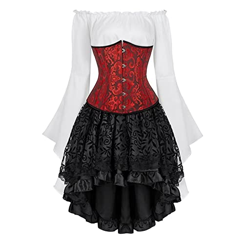 Jutrisujo Underbust Korsett Set Damen Kleid 3 Pcs Corset Dress Corsagenkleid Corsage Kostüm mit Spitzenrock und Bluse für Karneval Fasching Rot 6XL von Jutrisujo