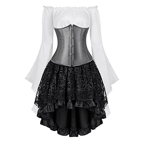 Jutrisujo Underbust Korsett Set Damen Kleid 3 Pcs Corset Dress Korsagenkleid Corsage Spitzenrock und Bluse für Karneval Fasching Halloween Grau S von Jutrisujo