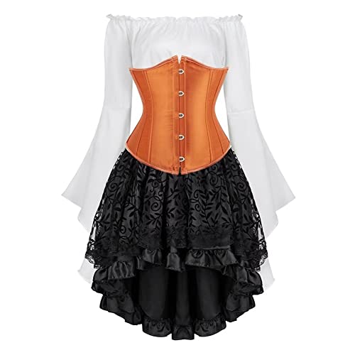 Jutrisujo Underbust Korsett Set Damen Kleid 3 Pcs Corset Dress Korsagenkleid Corsage Spitzenrock und Bluse für Karneval Fasching Halloween Orange M von Jutrisujo