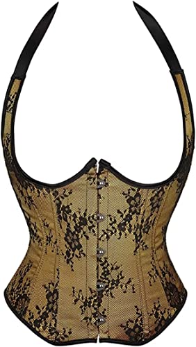 Jutrisujo Unterbrust Korsett Damen Corset Top Corsette Corsage mit Träger Straps Reizwäsche Halbbrust Taillenkorsett Brokat Pirat Dunkelblau Halloween Gelb M von Jutrisujo