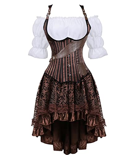 Jutrisujo Unterbrust Korsett Piraten Kleid Set Damen Steampunk Rock Top Kostüm Korsettkleid Schnüren Große Größen Halloween Braun L von Jutrisujo