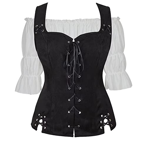 Jutrisujo Wikinger Kleidung Damen Pirat Kostüm Renaissance Weste Bluse Set Mittelalter Gothic Steampunk Cosplay Top Schnürung Oktoberfest Schwarz Weiß 2XL von Jutrisujo