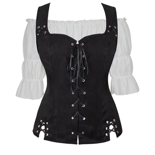 Jutrisujo Wikinger Kleidung Damen Pirat Kostüm Renaissance Weste Bluse Set Mittelalter Gothic Steampunk Cosplay Top Schnürung Oktoberfest Schwarz Weiß XS von Jutrisujo