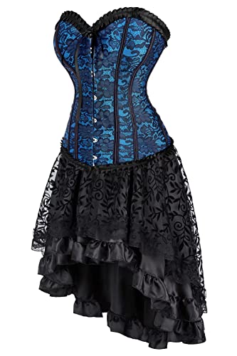 Corset Dress Korsett Corsagen Damen Kleid elegant asymmetrisch Rock Spitze zum schnüren Gothic Blau Schwarz 2XL von Jutrisujo