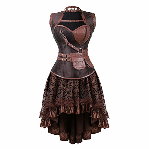 Jutrisujo korsett Damen Corsagenkleid Steampunk Leder Gothic bustier Vollbrust Corsage Kleid Rock Asymmetrie piraten Braun 3XL von Jutrisujo