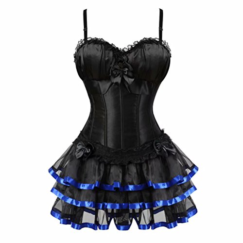 Jutrisujo korsett Damen vollbrust corsage kleid kurz rock mit träger strapse spitze schnürmieder burlesque gothic korsettkleid Schwarz Blau 2XL von Jutrisujo