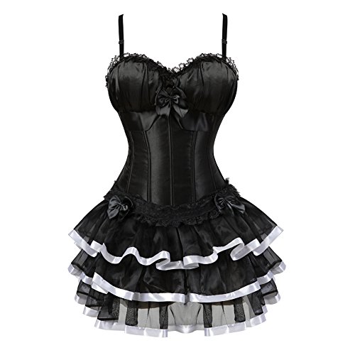 Jutrisujo korsett Damen vollbrust corsage kleid kurz rock mit träger strapse spitze schnürmieder burlesque gothic korsettkleid Schwarz Weiß 3XL von Jutrisujo