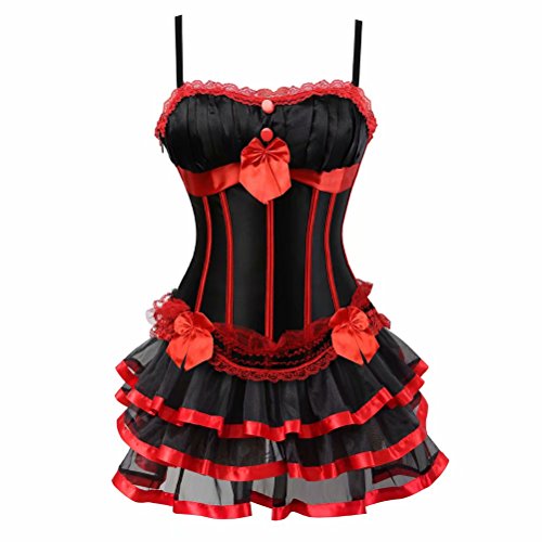 Jutrisujo korsett Damen vollbrust corsage kleid kurz rock mit träger strapse spitze schnürmieder burlesque gothic korsettkleid Schwarz rot M von Jutrisujo