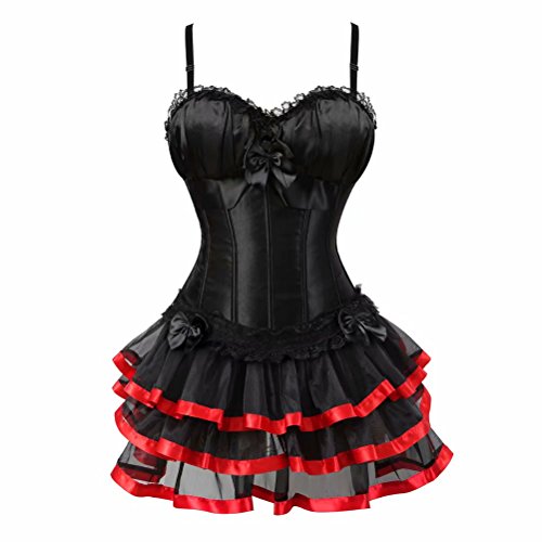 Jutrisujo korsett Damen vollbrust corsage kleid kurz rock mit träger strapse spitze schnürmieder burlesque gothic korsettkleid Schwarz rot XL von Jutrisujo