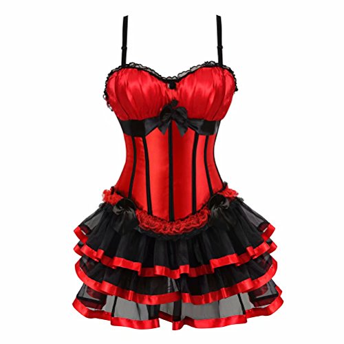 Jutrisujo korsett Damen vollbrust corsage kleid kurz rock mit träger strapse spitze schnürmieder burlesque gothic korsettkleid rot 5XL von Jutrisujo