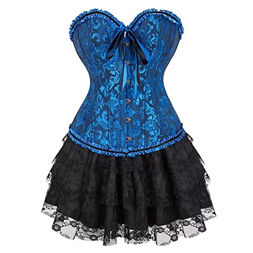 Jutrisujo korsett corsage kleid rock elegant Kostüm mit korsagenkleid spitzenrock karneval fasching Halloween Schwarz Blau 7XL von Jutrisujo
