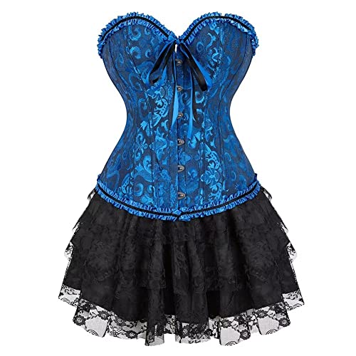 Jutrisujo korsett corsage kleid rock elegant Kostüm mit korsagenkleid spitzenrock karneval fasching Halloween Schwarz Blau M von Jutrisujo