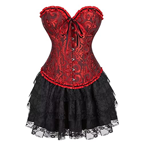 Jutrisujo korsett corsage kleid rock elegant Kostüm mit korsettkleid spitzenrock karneval fasching Halloween Schwarz Rot S von Jutrisujo