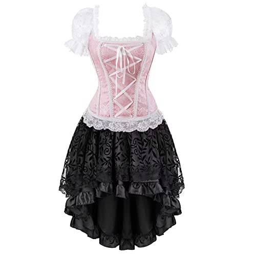 Korsett Kleid Corsage Corsagenkleid elegant Ärmel Spitze Vollbrust Gothic Rock Asymmetrie Burlesque Damen Große Größe Rosa 2XL von Jutrisujo