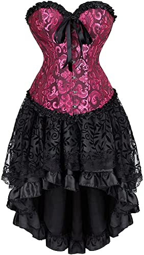 Jutrisujo korsett kleid elegant corset dress Corsagenkleid damen blumen rock gothic burlesque dress rot schwarz M von Jutrisujo