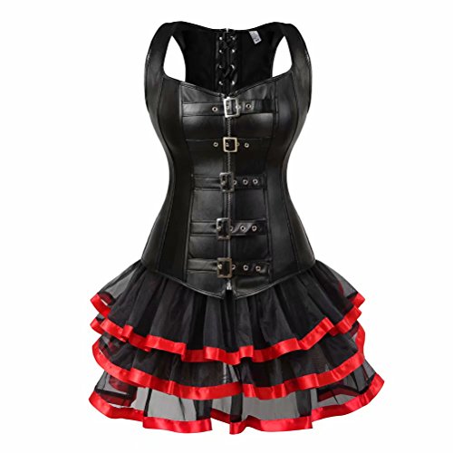 Jutrisujo korsett kleid tutu Damen steampunk leder elegant Burlesque Corsage mit träger strapse Corsagenkleid Rock set Schwarz rot 5XL von Jutrisujo