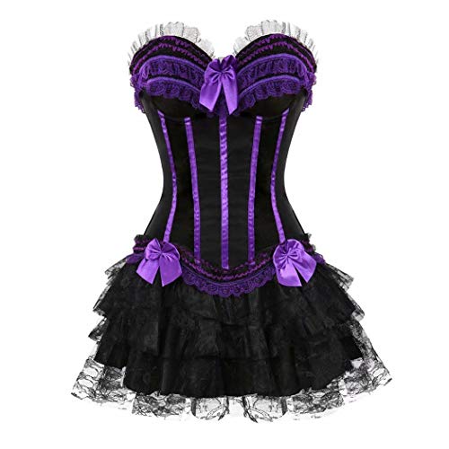 Jutrisujo korsett bustier damen corsage kleid rock elegant Kostüm mit korsettkleid spitzenrock karneval fasching halloween Violett L von Jutrisujo