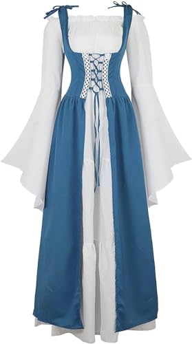 Jutrisujo Mittelalter Kleid mit Trompetenärmel Party Kostüm bodenlang Vintage Retro Renaissance Costume Cosplay Stahlblau Damen XL von Jutrisujo