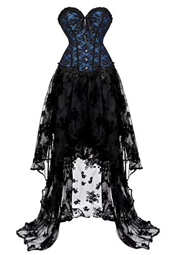 Jutrisujo vollbrust kleid corsage bustier korsett kleider spitze lang asymmetrisch rock tüllrock halloween Blau Schwarz S von Jutrisujo