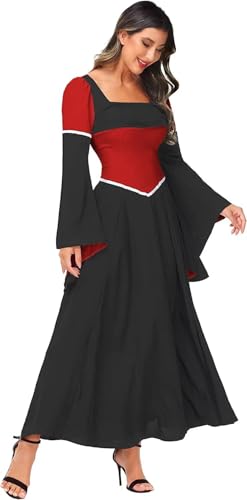 Kleid Damen Mittelalter Kostüm Renaissance Party Gothic Langarm Kleidung Cosplay Kleider Retro Maxikleid Karneval Prinzessin Vintage Halloween TrompetenäRmel Mittelalterliche Dress Schwarz L von Jutrisujo